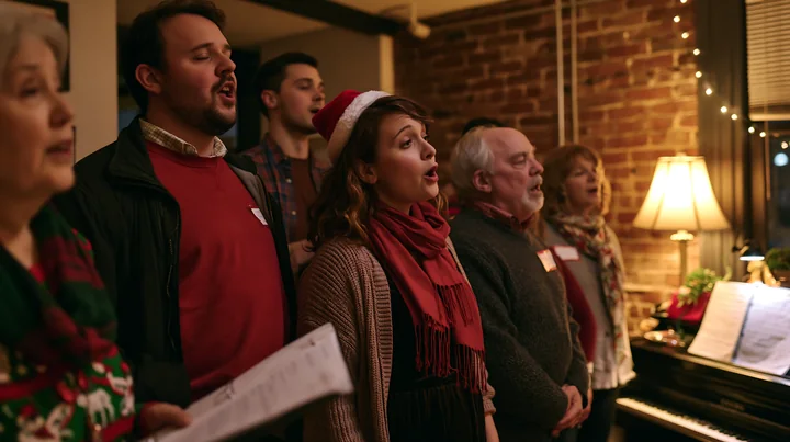 Family members sing Christmas carols indoors beside a piano in a warmly decorated home.