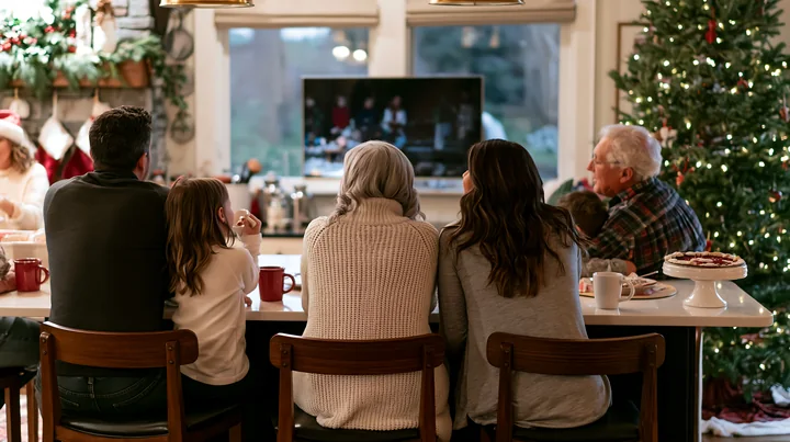 Family members watch a holiday movie together around a kitchen island beside a decorated Christmas tree.