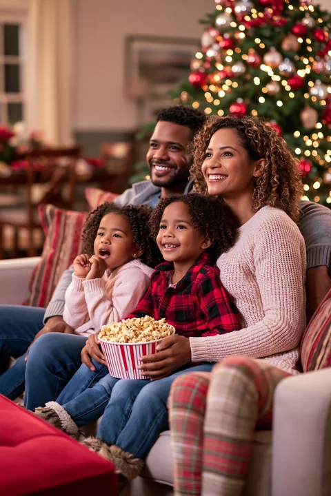 Family of four sits together on a sofa with popcorn and watches a holiday movie beside a decorated Christmas tree.