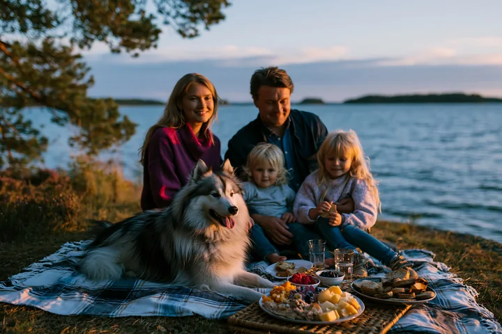 Family of four with a fluffy dog enjoys a picnic on a blanket beside a lake at sunset.