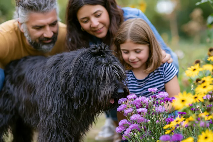 Family of three gathers with a large shaggy black dog among colorful flowers in a garden.
