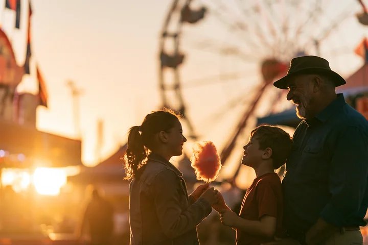 Family shares cotton candy at a sunset funfair beside a softly blurred Ferris wheel.