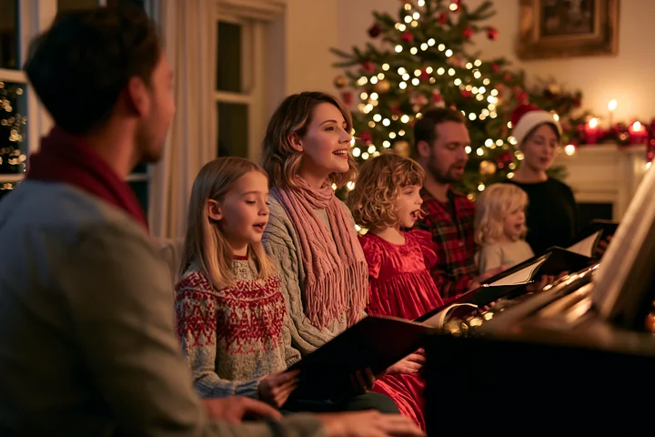 Family sings Christmas carols around a piano beside a warmly lit Christmas tree indoors.