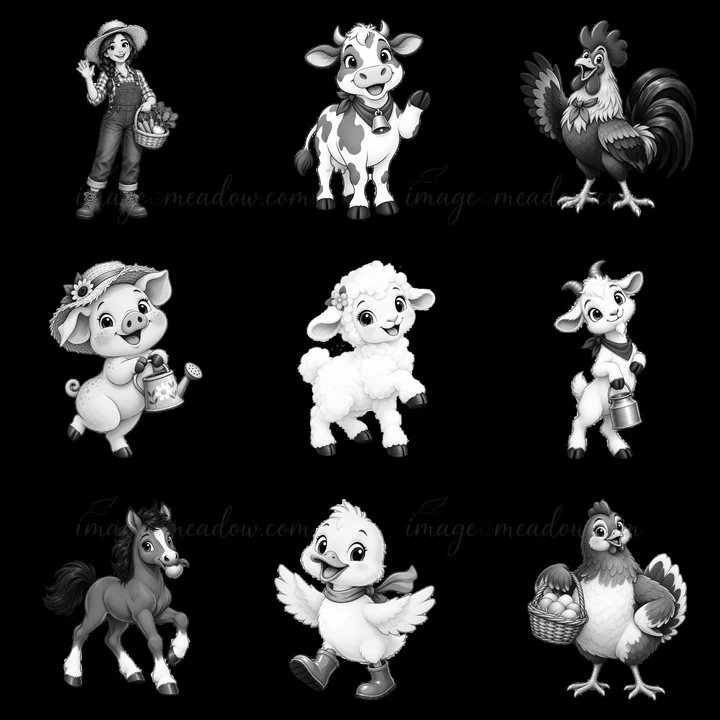 A farmer in overalls stands with animals on a farm. The grid includes a cow, rooster, pig, sheep, goat, horse, duck, and hen with eggs. Each character has uniqu