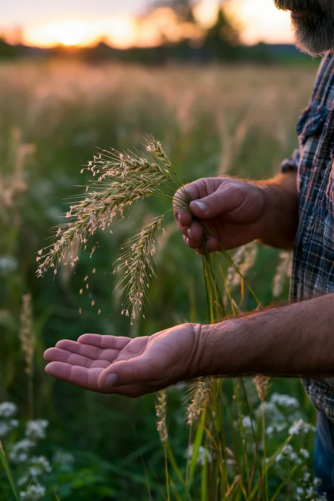 Farmer holds flowering meadow grass above an open hand in a field at sunset.