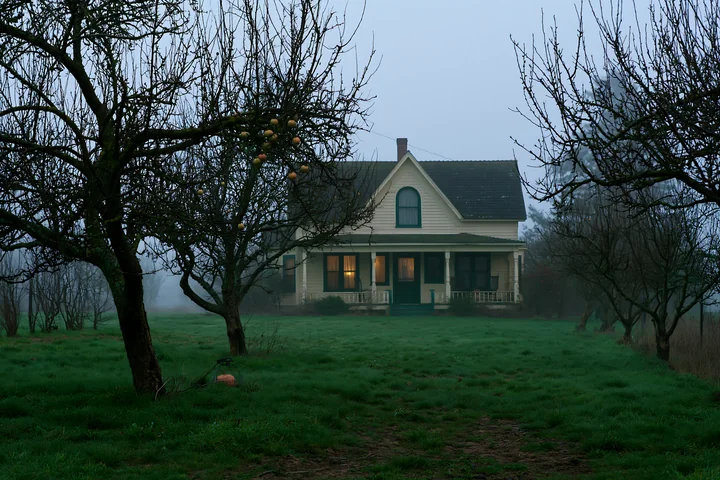 Farmhouse with warm porch lights stands among apple trees and wet grass in morning fog.