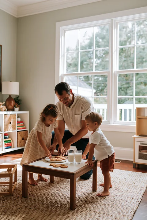 Father and two children arrange milk and cookies on a coffee table in a bright living room.