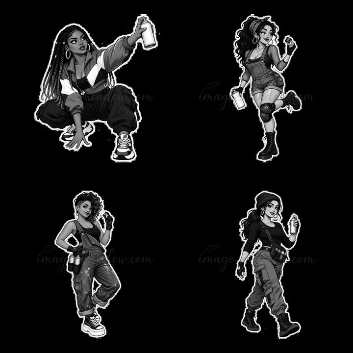Four cartoon female graffiti sprayers are featured. Each poses dynamically, holding spray cans. Their attire is urban and functional, highlighting their sprayin
