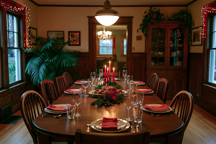 Festive dining room prepared for guests with a candlelit table, red napkins, glassware, greenery, and holiday lights.