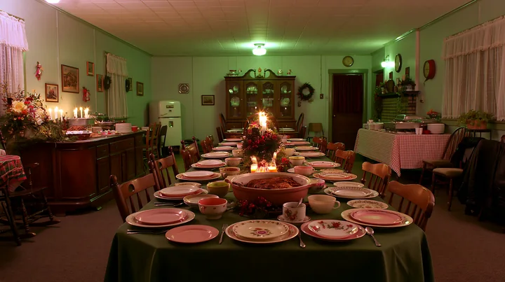Festive dining room with a candlelit table fully set for guests and decorated with flowers and holiday ornaments.