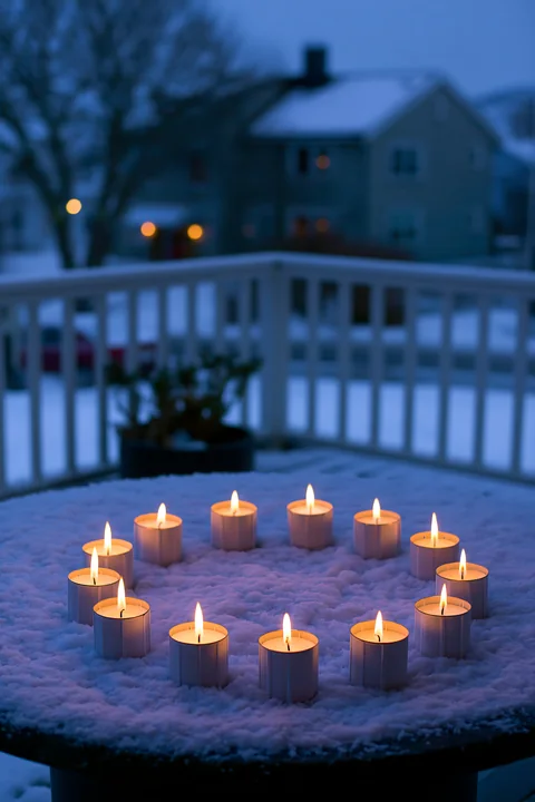 Fifteen candles arranged in a circle sit on a snowy table outside during dusk.