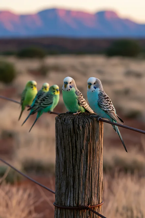Five colorful budgerigars perch on a weathered wooden post and wire with blurred desert mountains behind them.