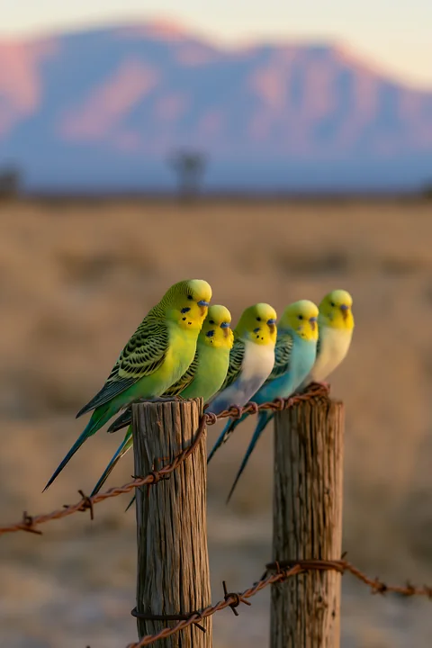 Five colorful budgerigars perch on wooden fence posts and barbed wire in a blurred desert landscape.