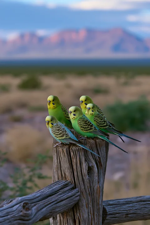 Five colorful budgerigars perch together on a weathered wooden fence in a dry landscape.