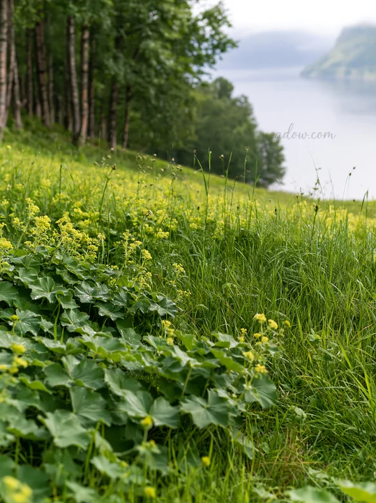 Lush green grass and plants with yellow flowers line a fjord. The scene shows a peaceful area with trees in the background and calm water in the distance, highl