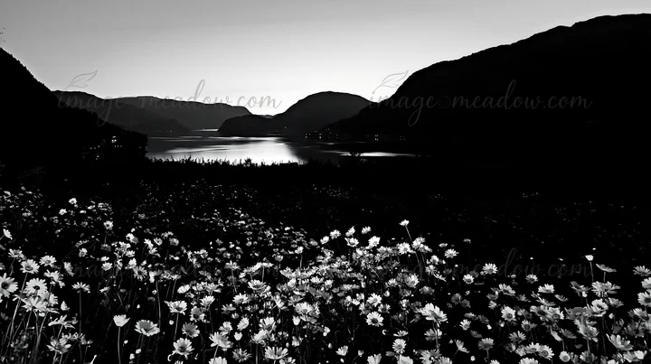 A field of flowers fills the foreground, leading to a fjord bordered by dark mountains during dusk. The soft light reflects on the water, creating a tranquil se