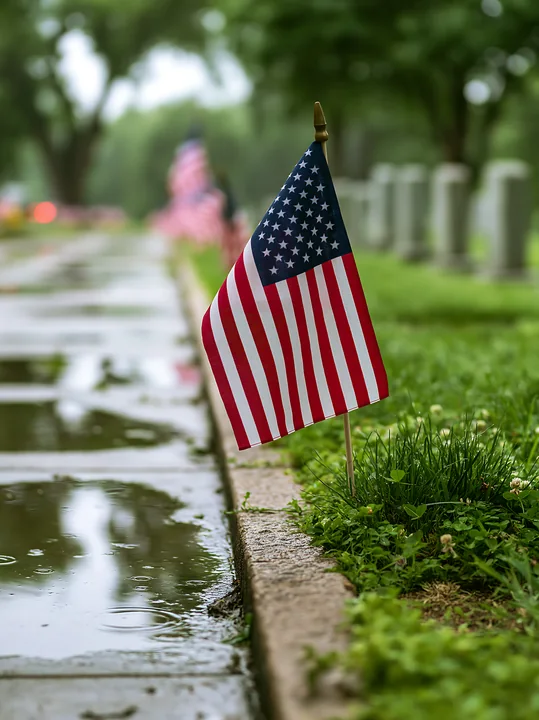 Flags are placed along a path in a veterans cemetery.