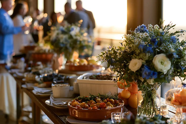 Floral centerpiece and serving dishes decorate a wedding reception buffet table with softly blurred guests behind.