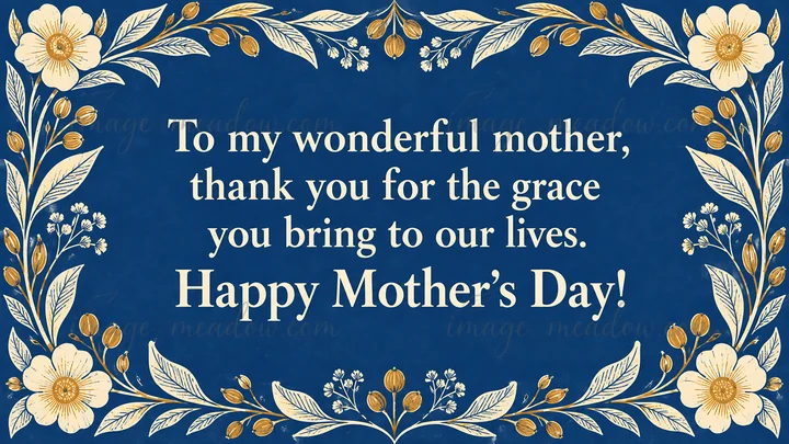 A navy blue Mother's Day greeting card with centered cream serif lettering and a decorative border of cream and gold flowers, leaves, and botanical sprigs. The