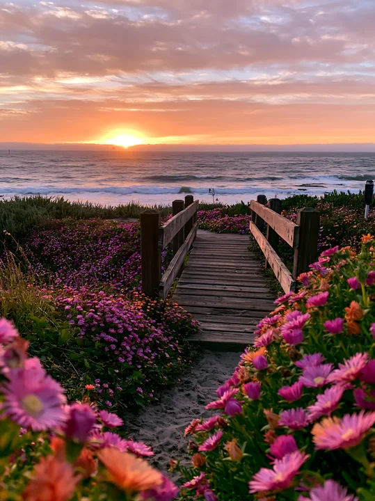 Flower-lined wooden boardwalk leads through coastal vegetation toward a glowing ocean sunset.
