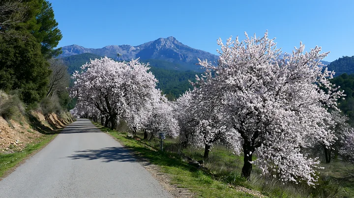 Flowering almond trees line a quiet mountain road with forested hills and a rugged peak under blue sky.