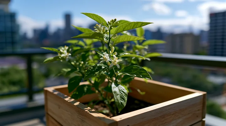 Flowering citrus plant in a wooden rooftop planter with a blurred city skyline behind it.