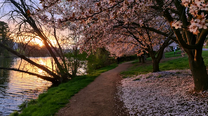 Flowering trees with petals covering a path line the shore of a lake as the sun sets in the background.