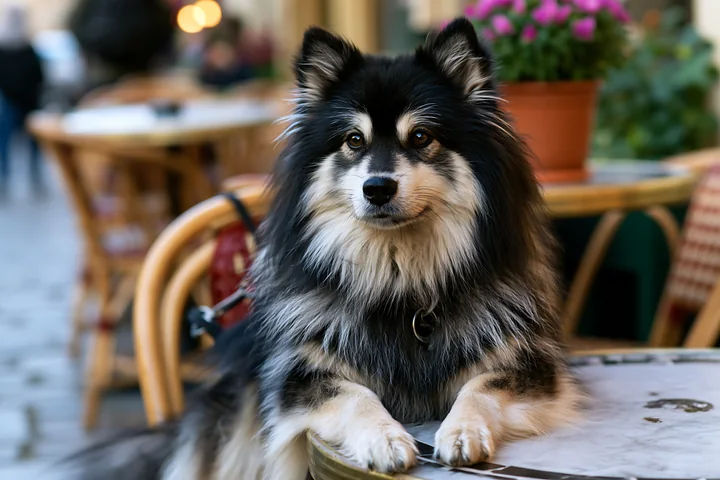 Fluffy black and white dog sits at a table in an outdoor café with flowers and chairs behind it.