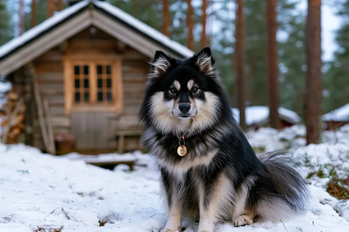 Fluffy black and white dog sits in snow, looking at the camera beside a rustic cabin in a forest.
