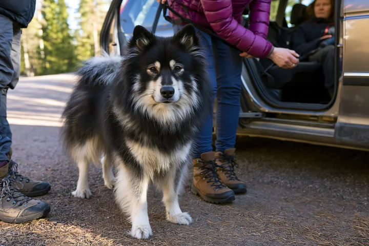 Fluffy black and white dog stands beside an open vehicle while two adults prepare for an outdoor trip.