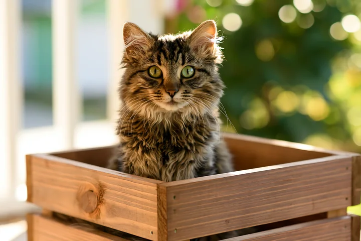 Fluffy brown tabby LaPerm cat sitting in a wooden planter box near a bright window.