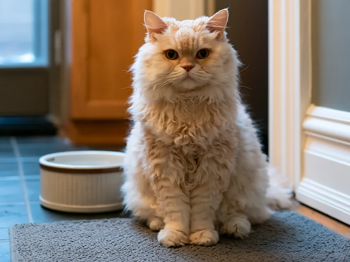 Fluffy cream-colored cat sits on a gray mat indoors beside a pet bowl and window.