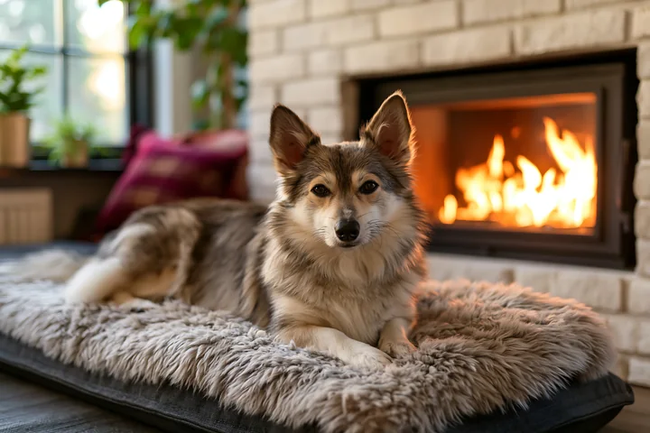Fluffy dog resting on a plush bed beside a glowing fireplace in a cozy home interior.