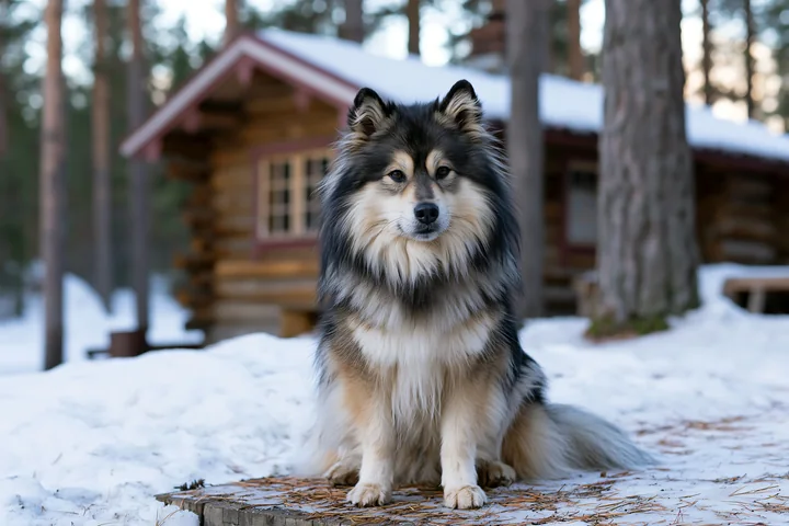 Fluffy dog sitting on a wooden platform and looking at the camera in a snowy forest cabin setting.