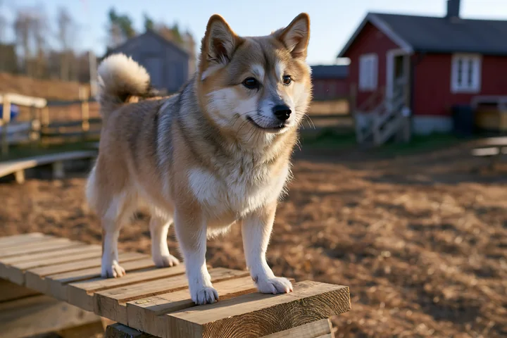 Fluffy tan and white dog standing on a wooden platform in a rural yard with red farm buildings.