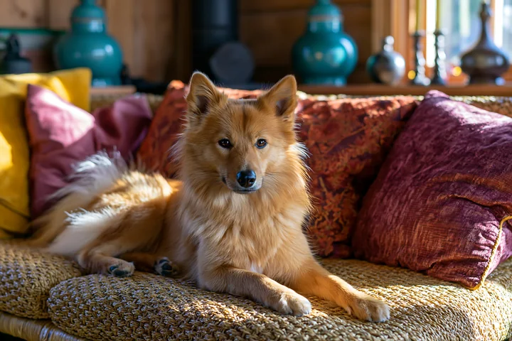 Fluffy tan dog resting on a woven sofa with colorful cushions in a warmly lit home interior.