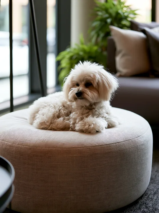 Fluffy white dog resting on a round ottoman in a bright hotel lounge with plants and seating.