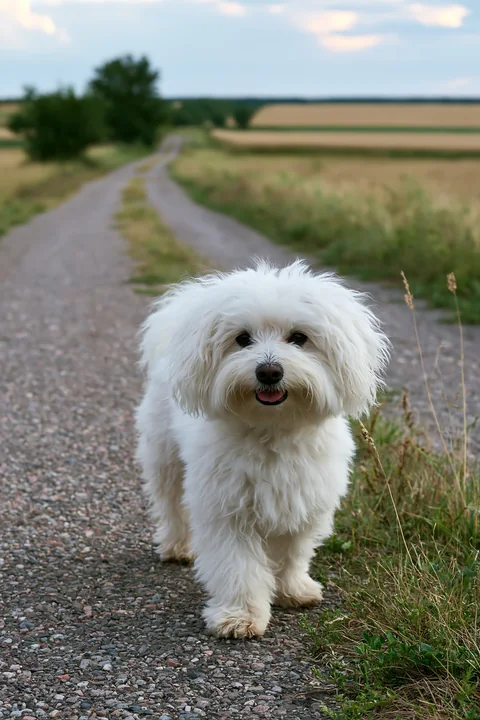 Fluffy white dog standing on a rural gravel road beside open fields under a partly cloudy sky.