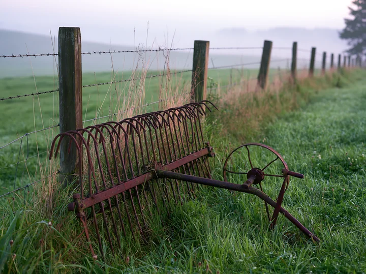 Fog drifting across meadow reveals a rusty rake lying on the grass next to a wooden fence.