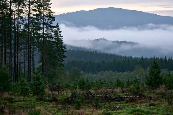Fog drifting through pine forest mountains reveals a deer standing near pine trees.