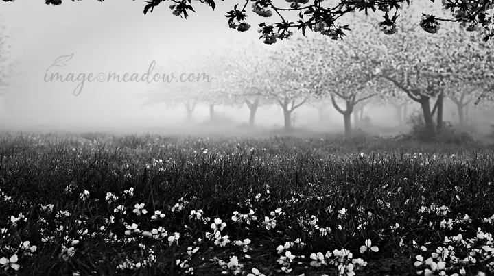 Flowers cover the ground in a foggy orchard meadow. Trees with blooms stand in the background, creating a serene setting. The scene captures the peacefulness of