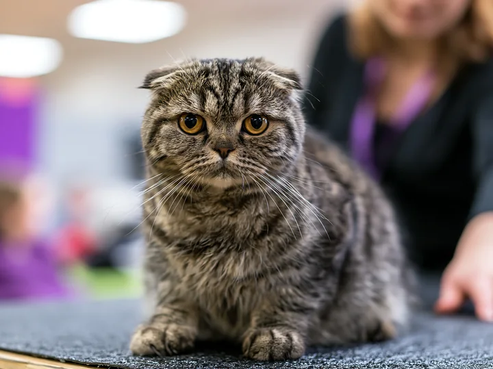 Fold-eared tabby cat sitting on a judging table at a cat show with a blurred handler behind it.