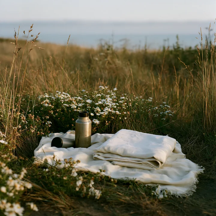 Folded blanket and metal thermos in a wildflower meadow beside a quiet coastline