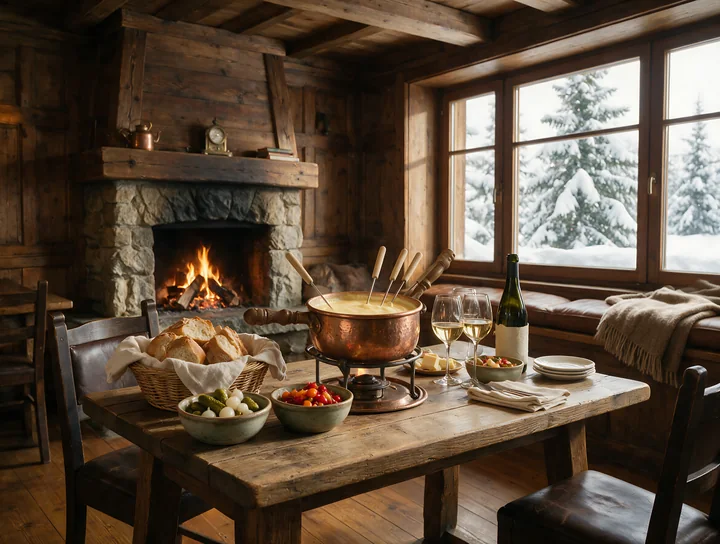 Fondue buffet table with cheese, bread, vegetables, and wine in a rustic cabin beside a glowing fireplace.