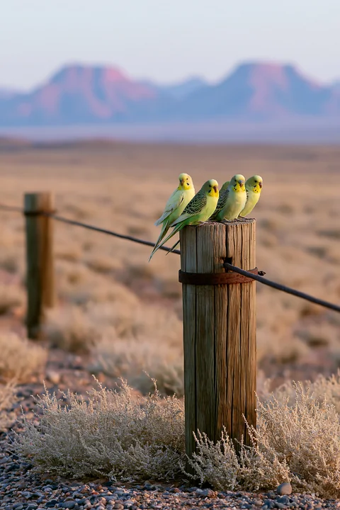 Four budgerigars sit on a wooden fence post in a barren area with mountains in the background.