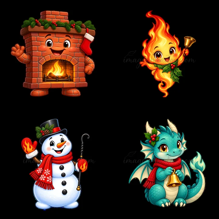 Four cartoon stickers show a cozy Christmas theme. A fireplace with a stocking is lit with flames. A cheerful flame character holds a bell. A snowman in a top hat and scarf has a flame.