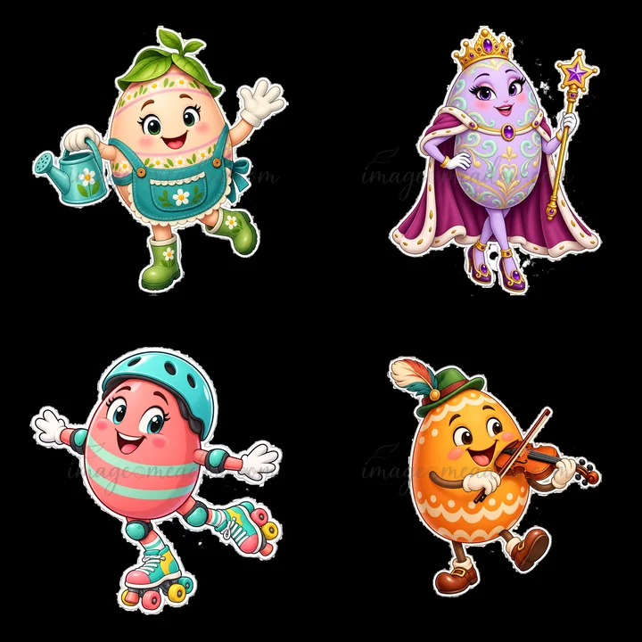 Four cartoon Easter egg characters are shown in a 2x2 layout. Each character engages in a fun activity, displaying unique designs and vibrant colors. They symbolize the joy of Easter celebrations.
