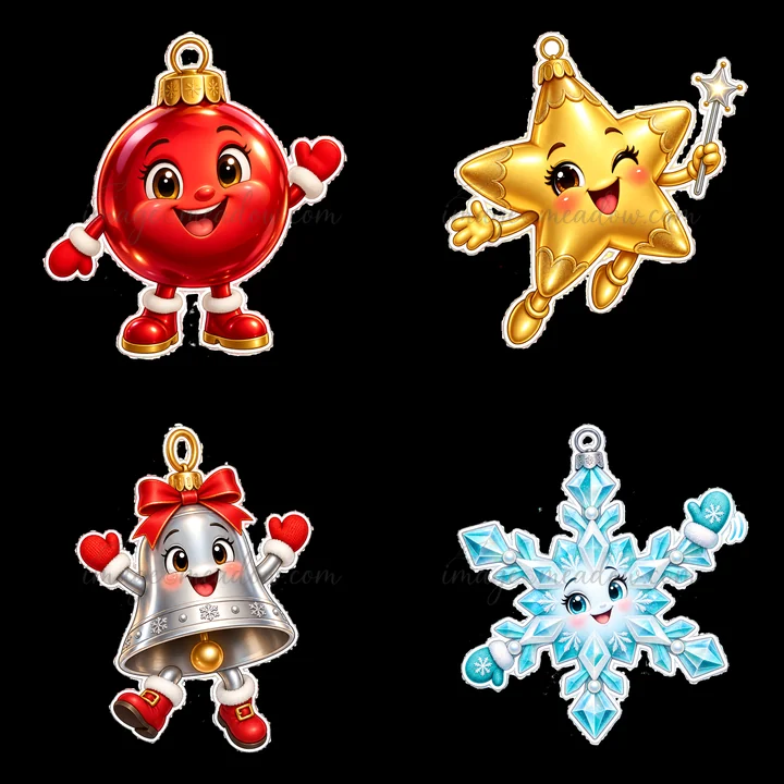 Four cartoon Christmas ornaments feature a smiling red ball, a bright star with a wand, a cheerful bell with a bow, and a friendly snowflake. Each ornament showcases playful expressions and festive colors.