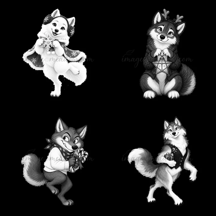 Four cartoon wolves are depicted in a 2x2 layout, each holding Christmas items. The wolves display joyful expressions while dressed in holiday attire.