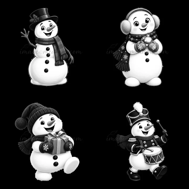 Four snowmen are shown in a 2x2 layout. One waves, another holds a drum, one carries a gift, and the last wears earmuffs and jingles bells. Each snowman has dis